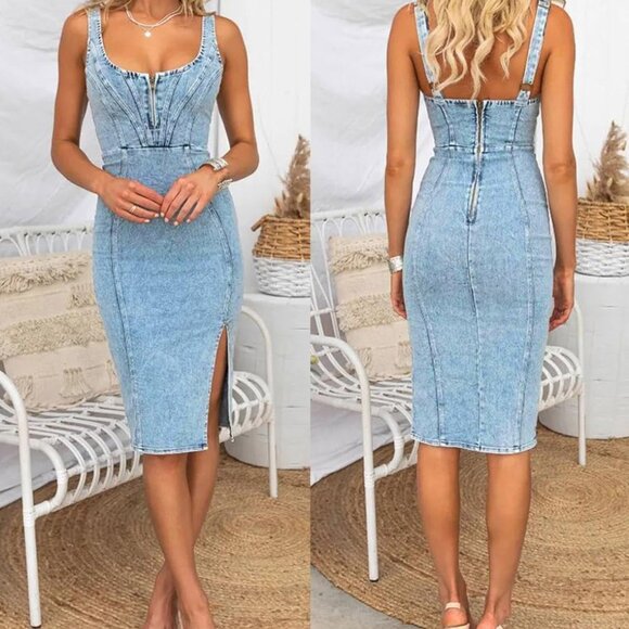 Women's Denim Dress Sexy V Neck Side Slit Bodycon Sleeveless Mini - Picture 6 of 6